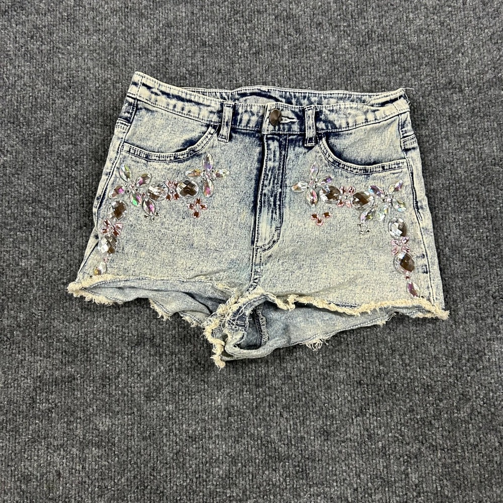 H&M Divided Shorts Womens Size 4 Blue Acid Wash Rhinestone Embellished Raw Hem